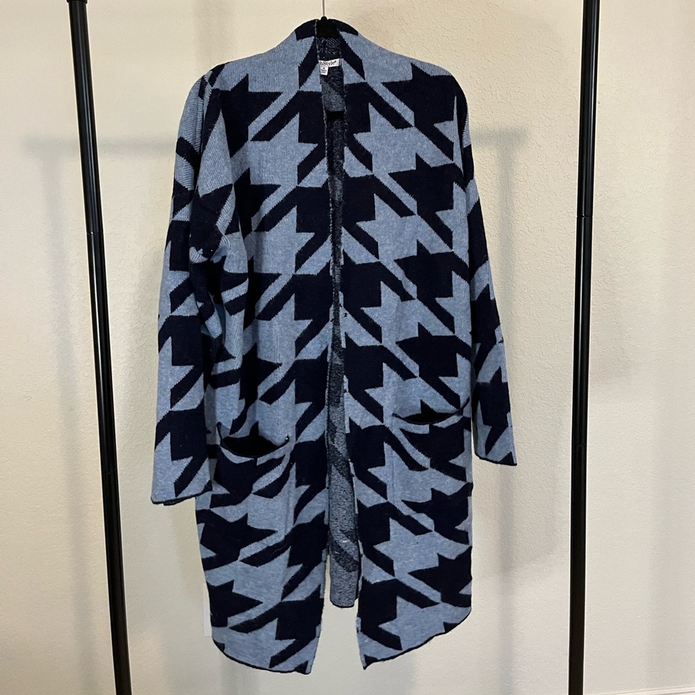 Houndstooth Duster Cardigan - Size XL - Blue